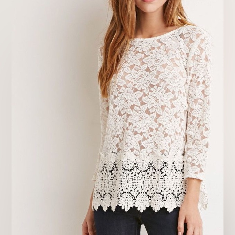 Forever 21 White Lace Boho 3/4 Sleeve Blouse size Small